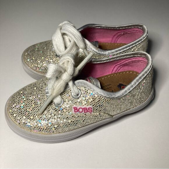 BOBS from Skechers Lil Bob’s Silver Sparkly Sequin Lace Up Sneakers Shoes - Picture 3 of 8